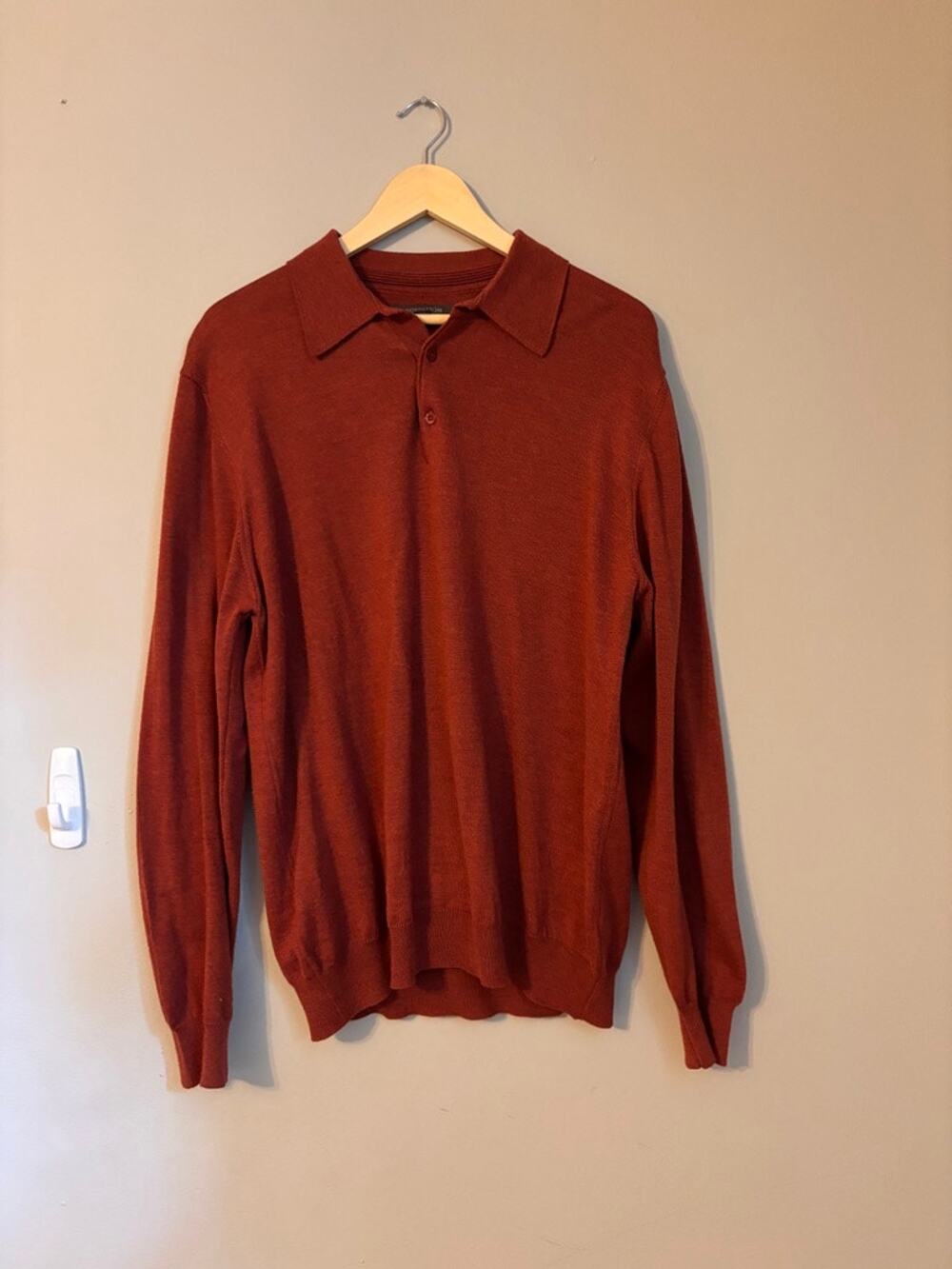 Nordstrom Mens Merino Wool Polo Sweater Large Burnt Orange Long Sleeve